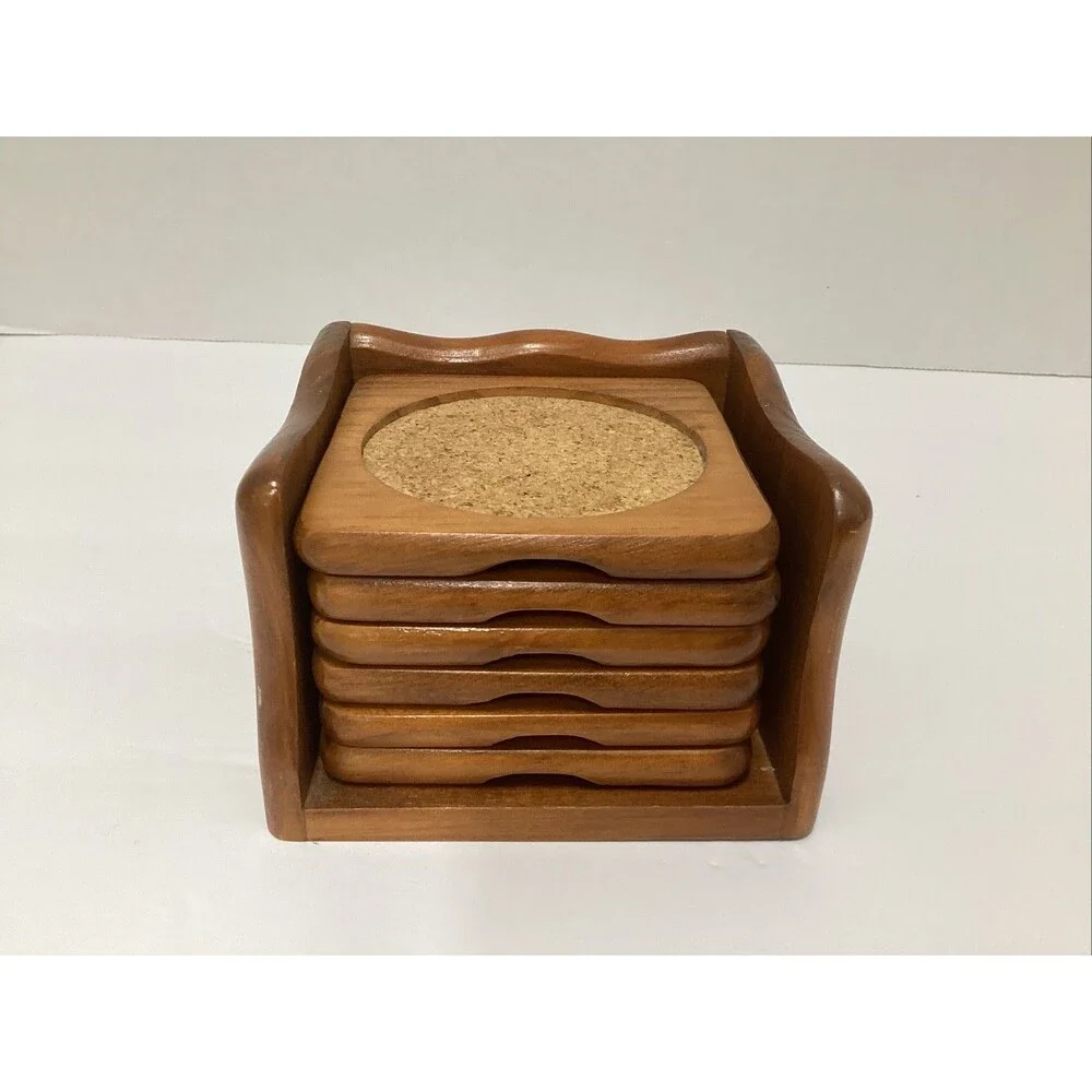 kamenstein coaster set 6 piece wooden cork w/holder MCM retro